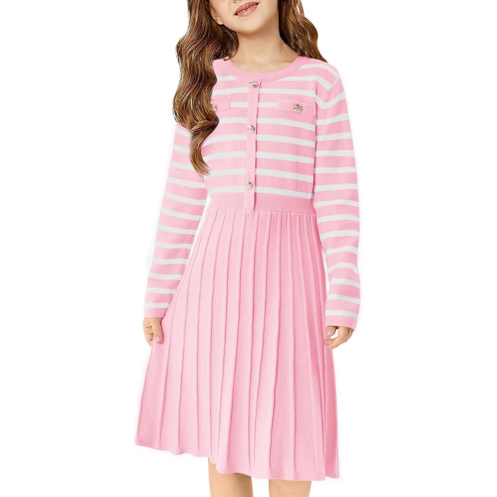 image:imageHaloumoning Girls Sweater Dress Knit Long Sleeve Striped A Line Pleated Fall Winter Dresses 514 YearsPink