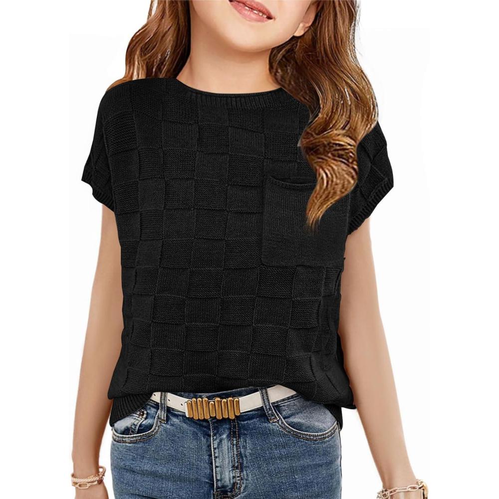 image:imageHaloumoning Girls Tops Summer Cute Vest Kids Cap Sleeve Crewneck Tanks Knit Loose Tops with Pocket 514 YearsBlack