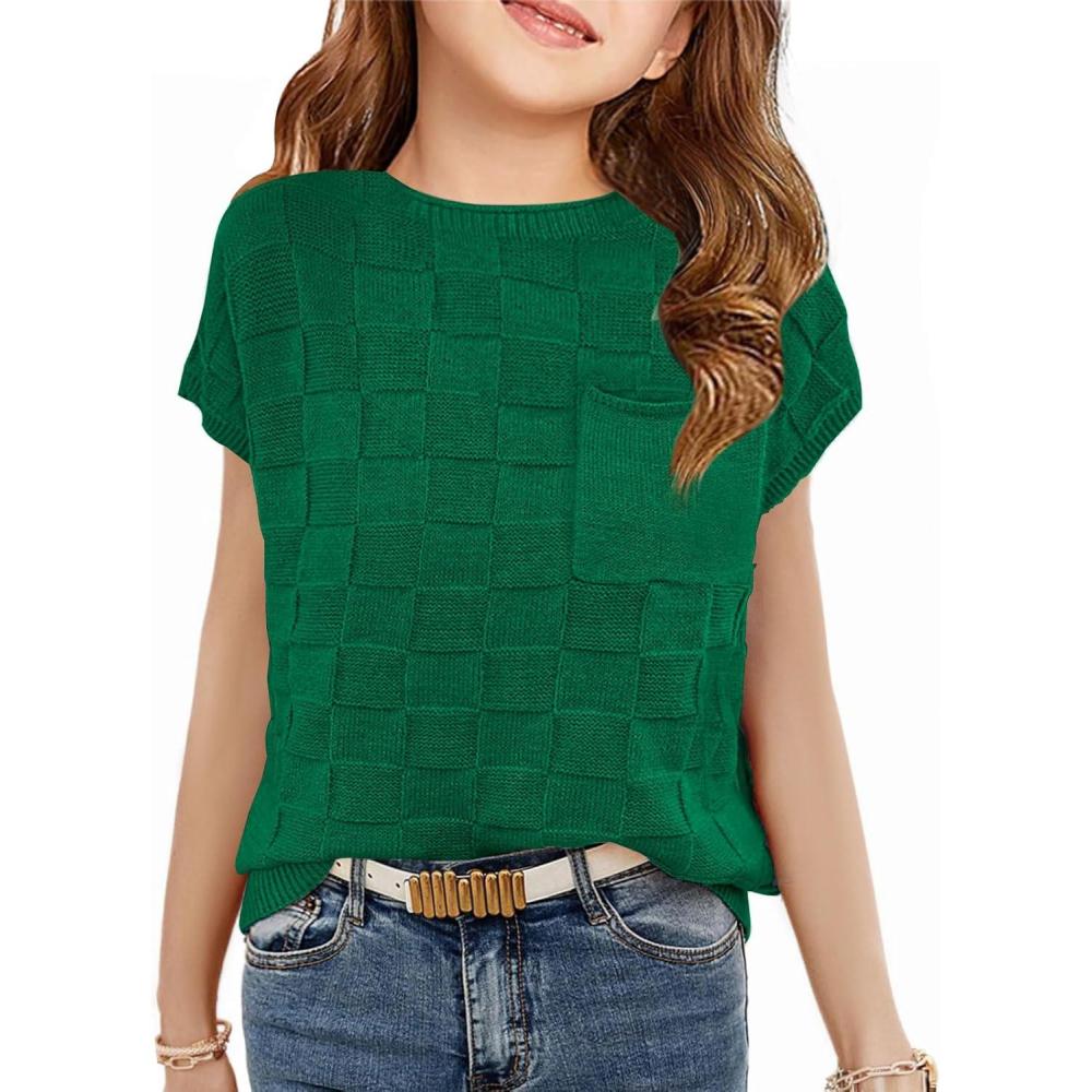 image:imageHaloumoning Girls Tops Summer Cute Vest Kids Cap Sleeve Crewneck Tanks Knit Loose Tops with Pocket 514 YearsGreen