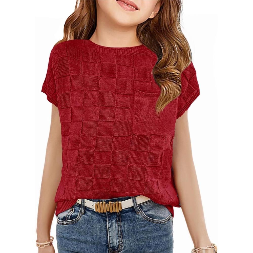 image:imageHaloumoning Girls Tops Summer Cute Vest Kids Cap Sleeve Crewneck Tanks Knit Loose Tops with Pocket 514 YearsRed