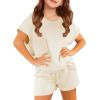 Haloumoning Girls 2 Piece Outfits Short Sleeve T Shirt and Drawstring Shorts Summer Clothing Sets(Beige)