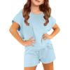 Haloumoning Girls 2 Piece Outfits Short Sleeve T Shirt and Drawstring Shorts Summer Clothing Sets(Blue)