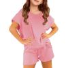 Haloumoning Girls 2 Piece Outfits Short Sleeve T Shirt and Drawstring Shorts Summer Clothing Sets(Pink)