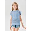 Haloumoning Girls Short Sleeve T Shirt Crewneck Knit Crop Top Hollow Out Pullovers Sweater 5-14 Years(Blue)
