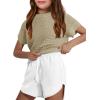 Haloumoning Girls Short Sleeve T Shirt Crewneck Knit Crop Top Hollow Out Pullovers Sweater 5-14 Years(Khaki)
