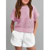 Haloumoning Girls Short Sleeve T Shirt Crewneck Knit Crop Top Hollow Out Pullovers Sweater 5-14 Years(Pink)