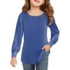 Haloumoning Girls Puff Long Sleeve Shirts Kids Casual Crewneck Soft Tunic Tops Blouse 5-14 Years(Navy Blue)