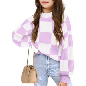 Girls Sweaters Kids Fashion Plaid Mock Neck Pullover Sweater Tops 5-14 Years(Purple)