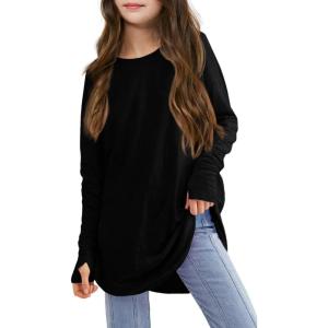 Girls Thumb Holes Long Sleeve Shirts Kids Crewneck Hem Loose Tunic Tops 5-14 Years(Black)