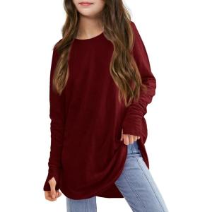 Girls Thumb Holes Long Sleeve Shirts Kids Crewneck Hem Loose Tunic Tops 5-14 Years(Burgundy)
