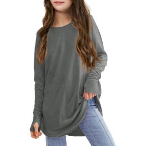 Girls Thumb Holes Long Sleeve Shirts Kids Crewneck Hem Loose Tunic Tops 5-14 Years(Gray)