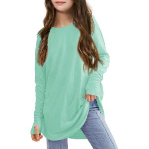 Girls Thumb Holes Long Sleeve Shirts Kids Crewneck Hem Loose Tunic Tops 5-14 Years(Light Green)
