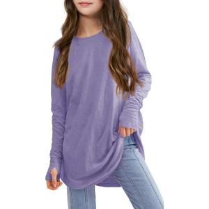 Girls Thumb Holes Long Sleeve Shirts Kids Crewneck Hem Loose Tunic Tops 5-14 Years(Purple)