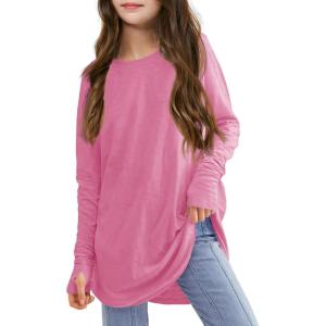 Girls Thumb Holes Long Sleeve Shirts Kids Crewneck Hem Loose Tunic Tops 5-14 Years(Rose Red)