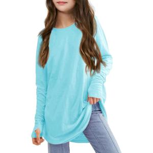 Girls Thumb Holes Long Sleeve Shirts Kids Crewneck Hem Loose Tunic Tops 5-14 Years(Sky Blue)