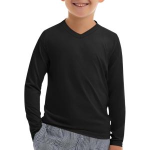 Haloumoning Boys Long Sleeve Shirts Dry Fit Athletic T Shirts for Teens Kids V-Neck Comfy Tops Tees 5-14 Years(Black)