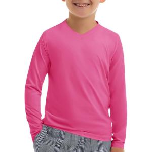 Haloumoning Boys Long Sleeve Shirts Dry Fit Athletic T Shirts for Teens Kids V-Neck Comfy Tops Tees 5-14 Years(Bright Pink)