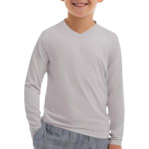Haloumoning Boys Long Sleeve Shirts Dry Fit Athletic T Shirts for Teens Kids V-Neck Comfy Tops Tees 5-14 Years(Gray)
