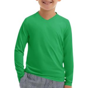 Haloumoning Boys Long Sleeve Shirts Dry Fit Athletic T Shirts for Teens Kids V-Neck Comfy Tops Tees 5-14 Years(Green)