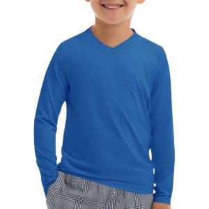 Haloumoning Boys Long Sleeve Shirts Dry Fit Athletic T Shirts for Teens Kids V-Neck Comfy Tops Tees 5-14 Years(Royal Blue)