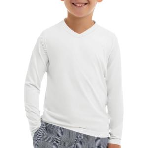 Haloumoning Boys Long Sleeve Shirts Dry Fit Athletic T Shirts for Teens Kids V-Neck Comfy Tops Tees 5-14 Years(White)