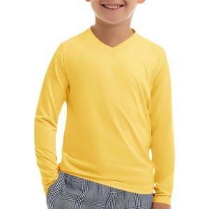 Haloumoning Boys Long Sleeve Shirts Dry Fit Athletic T Shirts for Teens Kids V-Neck Comfy Tops Tees 5-14 Years(Yellow)