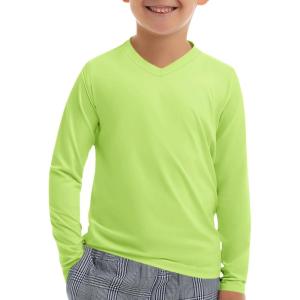Haloumoning Boys Long Sleeve Shirts Dry Fit Athletic T Shirts for Teens Kids V-Neck Comfy Tops Tees 5-14 Years(Yellow-green)