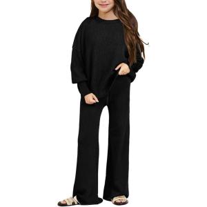 Haloumoning Girls 2 Piece Outfits Kids Long Sleeve Crewneck Sweater Drawstring Wide Leg Long Pants Sweatsuits Sets 5-14T(Black)