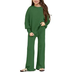 Haloumoning Girls 2 Piece Outfits Kids Long Sleeve Crewneck Sweater Drawstring Wide Leg Long Pants Sweatsuits Sets 5-14T(Green)