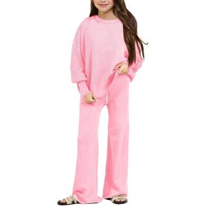 Haloumoning Girls 2 Piece Outfits Kids Long Sleeve Crewneck Sweater Drawstring Wide Leg Long Pants Sweatsuits Sets 5-14T(Pink)