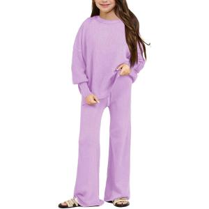 Haloumoning Girls 2 Piece Outfits Kids Long Sleeve Crewneck Sweater Drawstring Wide Leg Long Pants Sweatsuits Sets 5-14T(Purple)