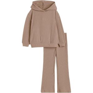Haloumoning Girls 2 Pieces Outfits Ribbed Knit Hoodies Flare Pants Sweatshirts and Sweatpants Kids Tracksuits 4-14 Years(Brown)