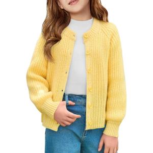 Haloumoning Girls Cardigan Button Down Long Sleeve Chunky Knit Sweater Fall Cute Outerwear Coat 5-14Y(Yellow)