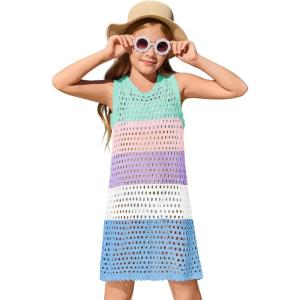 Haloumoning Girls Color Block Crochet Knit Swim Cover up Kids Summer Sleeveless Beach Dress 5-14 Years(Light Green)