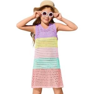 Haloumoning Girls Color Block Crochet Knit Swim Cover up Kids Summer Sleeveless Beach Dress 5-14 Years(Purple)