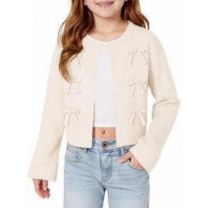 Haloumoning Girls Cropped Cardigan Sweater Kids Cute Bow Long Sleeve Knitted Sweaters Tops 5-14 Years(Off-white)