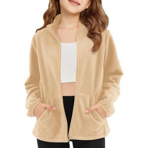 Haloumoning Girls Fleece Jacket Kids Zip Up Stand Collar Coat Fall Winter Outerwear with Pockets 5-14 Years(Khaki)