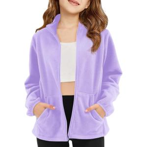 Haloumoning Girls Fleece Jacket Kids Zip Up Stand Collar Coat Fall Winter Outerwear with Pockets 5-14 Years(Light Purple)