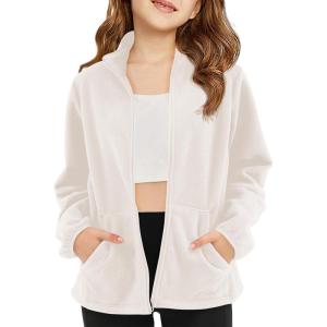Haloumoning Girls Fleece Jacket Kids Zip Up Stand Collar Coat Fall Winter Outerwear with Pockets 5-14 Years(White)