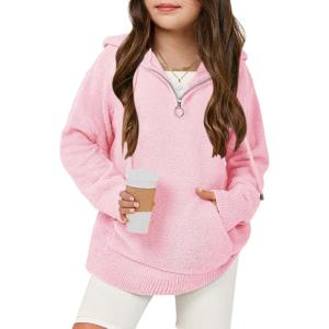 Haloumoning Girls Fuzzy Hoodies Kids Sherpa Quarter Zip Hooded Sweatshirts with Pocket 5-14 Years(Pink)