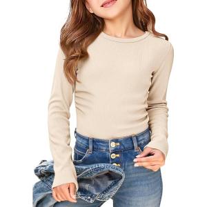Haloumoning Girls Long Sleeve Shirts Crewneck Ruched Side Slim Fit Tops Ribbed Knit Casual Tee Shirt 4-15 Years(Apricot)
