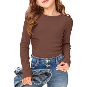 Haloumoning Girls Long Sleeve Shirts Crewneck Ruched Side Slim Fit Tops Ribbed Knit Casual Tee Shirt 4-15 Years(Coffee)