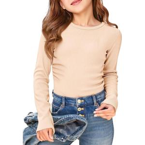 Haloumoning Girls Long Sleeve Shirts Crewneck Ruched Side Slim Fit Tops Ribbed Knit Casual Tee Shirt 4-15 Years(Light Khaki)
