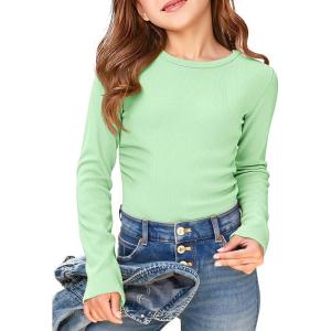 Haloumoning Girls Long Sleeve Shirts Crewneck Ruched Side Slim Fit Tops Ribbed Knit Casual Tee Shirt 4-15 Years(Mint)