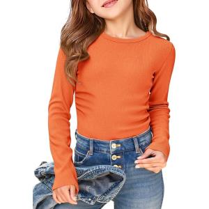 Haloumoning Girls Long Sleeve Shirts Crewneck Ruched Side Slim Fit Tops Ribbed Knit Casual Tee Shirt 4-15 Years(Orange)