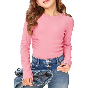 Haloumoning Girls Long Sleeve Shirts Crewneck Ruched Side Slim Fit Tops Ribbed Knit Casual Tee Shirt 4-15 Years(Pink)