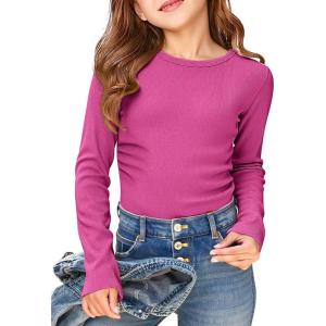 Haloumoning Girls Long Sleeve Shirts Crewneck Ruched Side Slim Fit Tops Ribbed Knit Casual Tee Shirt 4-15 Years(Purplish Red)