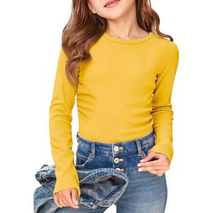Haloumoning Girls Long Sleeve Shirts Crewneck Ruched Side Slim Fit Tops Ribbed Knit Casual Tee Shirt 4-15 Years(Yellow)
