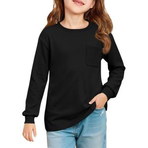 Haloumoning Girls Long Sleeve Shirts Kids Crewneck Soft Tunic Tops Basic Casual T-Shirts 5-14 Years with Pocket(Black)