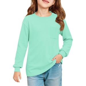 Haloumoning Girls Long Sleeve Shirts Kids Crewneck Soft Tunic Tops Basic Casual T-Shirts 5-14 Years with Pocket(Mint)